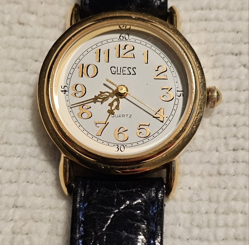 GUESS ? Watch Quartz Analog  Black Croc Style Leather, Gold Tone, Leather Band